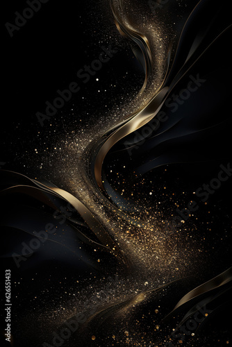 Golden glitter on black background with metallic particles and glittering blur generative ai
