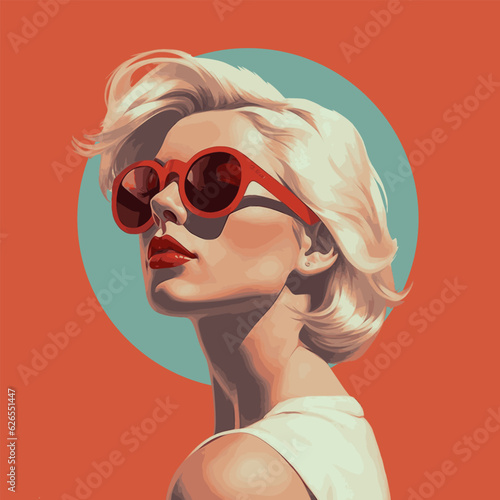 Fashion portrait of a model girl in sunglasses. Poster or flyer in trendy retro colors. Vector illustration