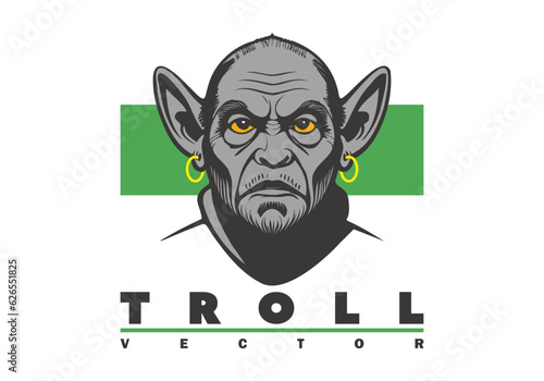 Vector logo or emblem. Graphic gray head of a scary ugly eared troll with earrings. White isolated background.