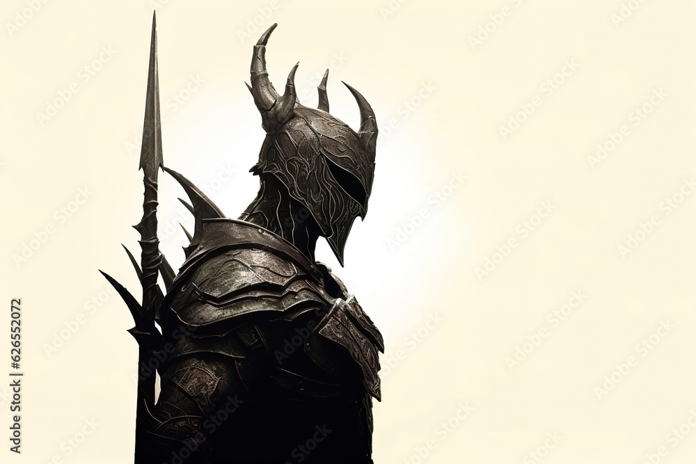 Fototapeta premium Fantasy warrior in a steel helmet and armor with a spear behind his back, standing on a light background with copy space, side view