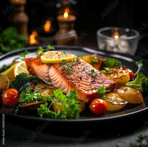 A plate of salmon serve with vegetables and lemon on it