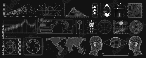Wireframe of geometric shapes. 3D retro futuristic blueprints of spheres, waves, diagram, graphs. Vector set of graphics for design