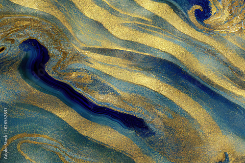 Blue and golden acrylic liquid ink swirl abstract background with ravishing turbulence wavy pattern and detailed texture. Luxury fluid liquid art by Generative AI.