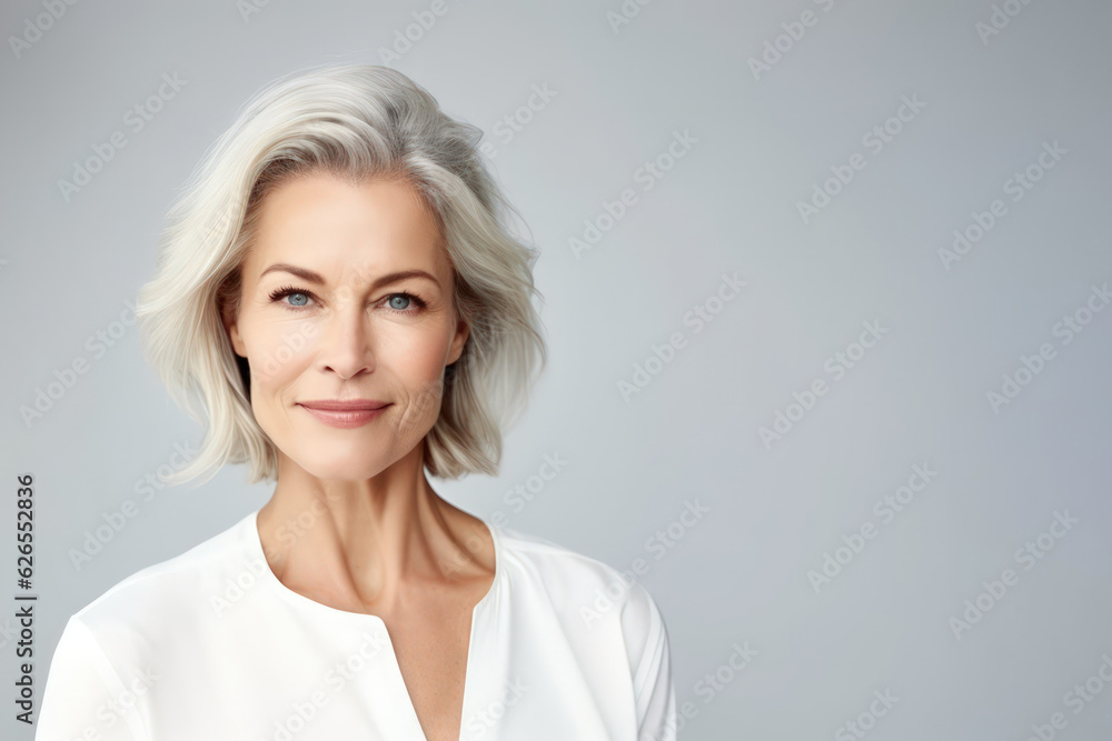Beautiful mid aged gorgeous mature woman. Healthy face skin care beauty skincare cosmetic with copy space.