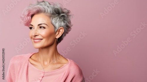 Beautiful mid aged gorgeous mature woman. Healthy face skin care beauty skincare cosmetic with copy space.