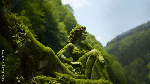 sculpture of a girl on the background of forest and mountains