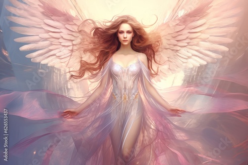 Marvelous and gorgeous woman angel with massive wings dress