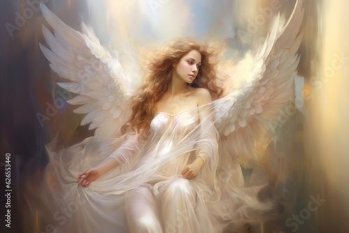 Marvelous and gorgeous woman angel with massive wings dress