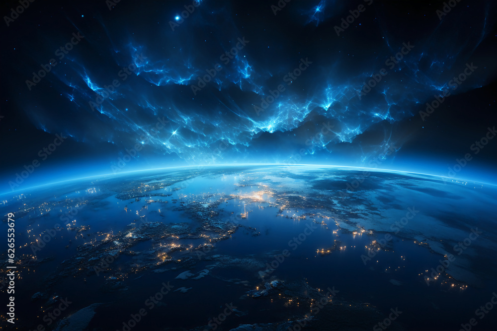 Blue space background with Earth behind it in stealth style, dark blue. AI generative