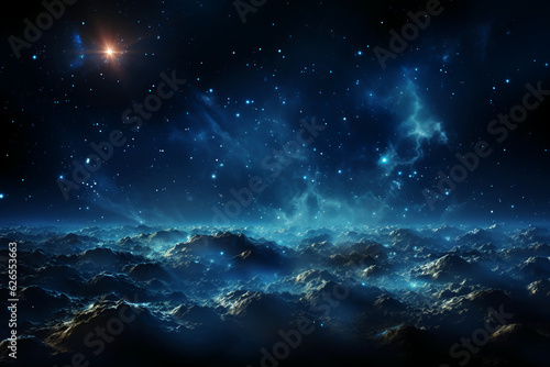 Blue space background with Earth behind it in stealth style  dark blue. AI generative