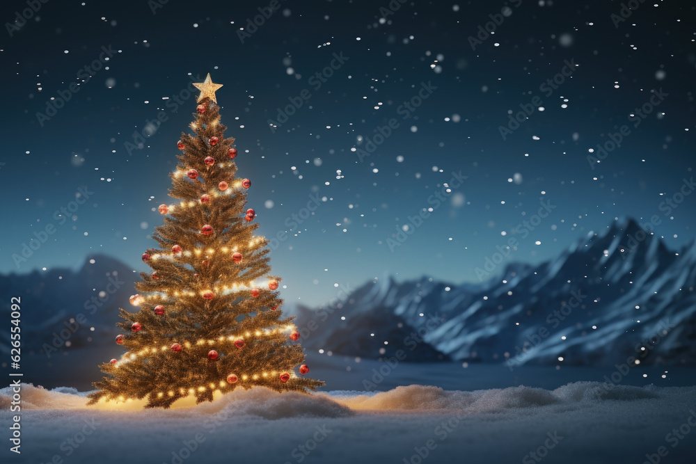 Christmas Tree on Blurred Shiny Lights at snow top of blur mountain background. Christmas Eve concept.