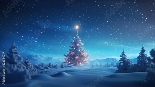 Christmas Tree on Blurred Shiny Lights at snow top of blur mountain background. Christmas Eve concept. © ant