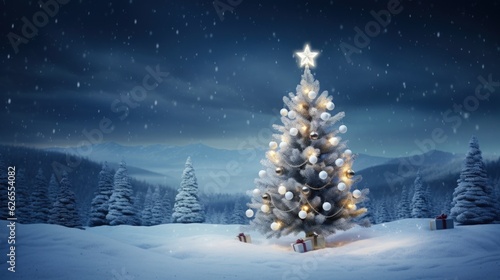 Christmas Tree on Blurred Shiny Lights at snow top of blur mountain background. Christmas Eve concept. © ant