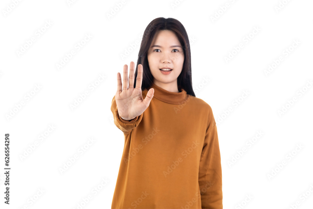 Asian Young Woman showing stop gesture isolated on white background with clipping path. Asian Young Woman showing stop gesture isolated on white background with clipping path.