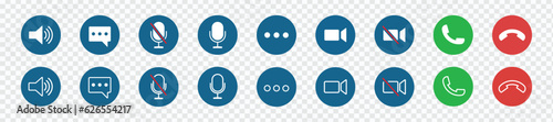 Video call icon set for conferencing and chat UI. Transparent buttons with modern design for video calls and instant messengers. Vector illustration.