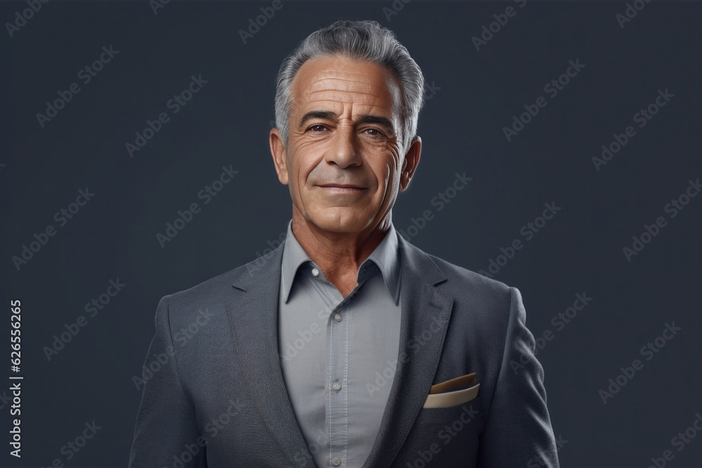 Smiling gray hair elderly turkish businessman wearing suit on gray studio background. Generative AI Smiling gray hair elderly turkish businessman wearing suit on gray studio background. Generative AI