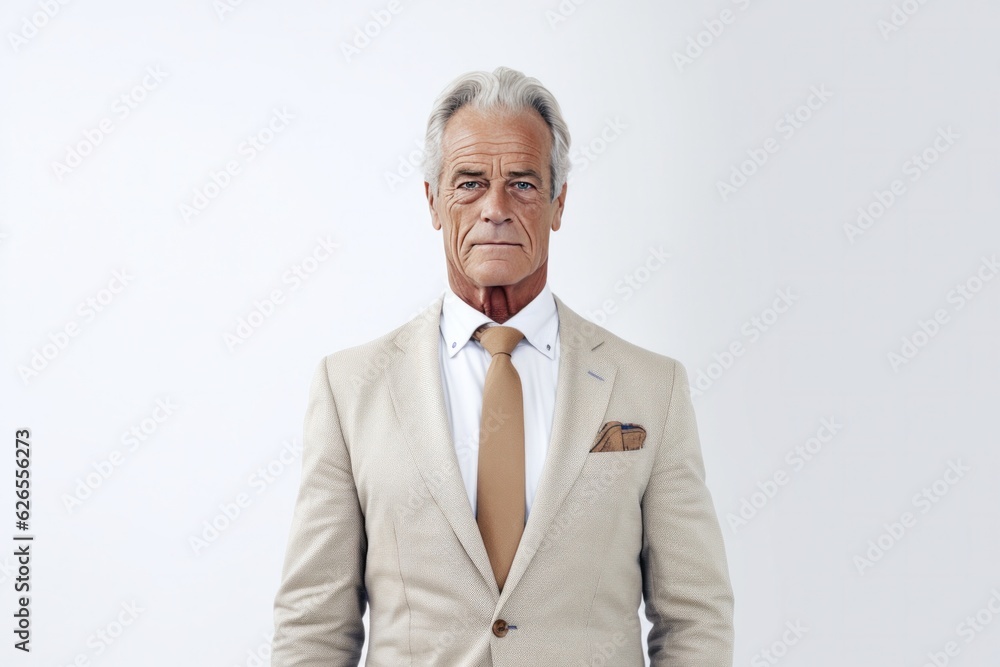 Elderly businessman wearing suit and tie looking at camera on white background. Generative AI Elderly businessman wearing suit and tie looking at camera on white background. Generative AI
