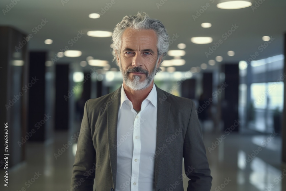 Handsome mature male business person leader ceo, wearing suit standing in office. Generative AI Handsome mature male business person leader ceo, wearing suit standing in office. Generative AI