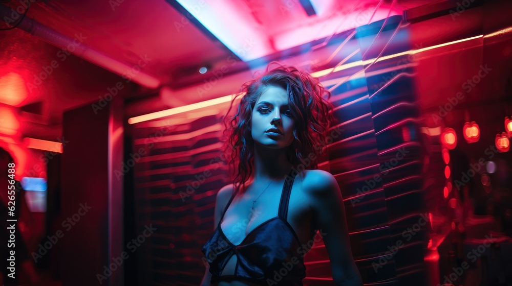 Sexy dance girl in a erotic dress posing in dark neon night club, neon lights, background with a copy space. Sensual woman posing at night club. Made With Generative AI.