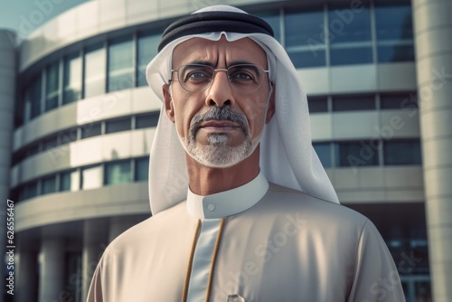 Arabian man businessperson in glasses and kaffiyeh on skyscraper background, headshot. Generative AI