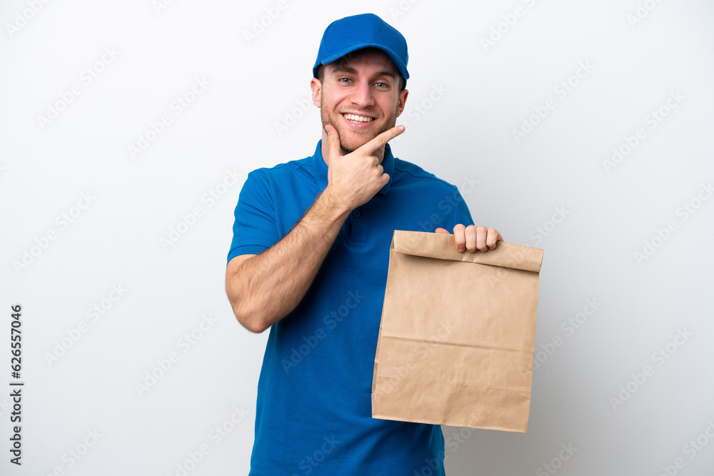 Delivery caucasian man isolated on white background happy and smiling Delivery caucasian man isolated on white background happy and smiling