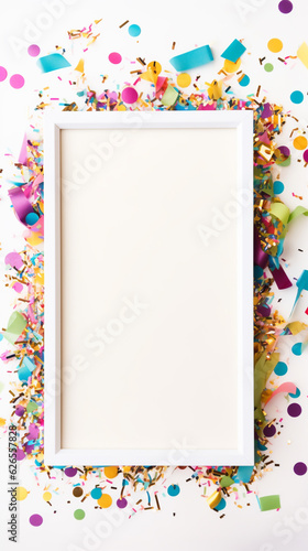 Vibrant children\'s birthday party scene featuring a blank frame for personalized wishes and scattered party elements