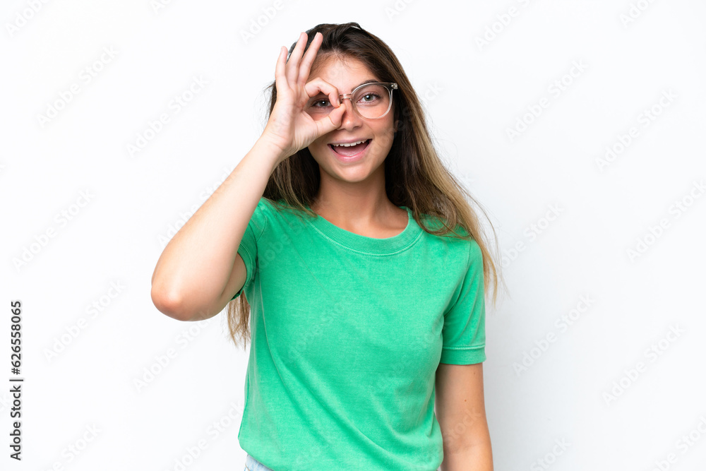 Young caucasian woman isolated on white background showing ok sign with fingers Young caucasian woman isolated on white background showing ok sign with fingers