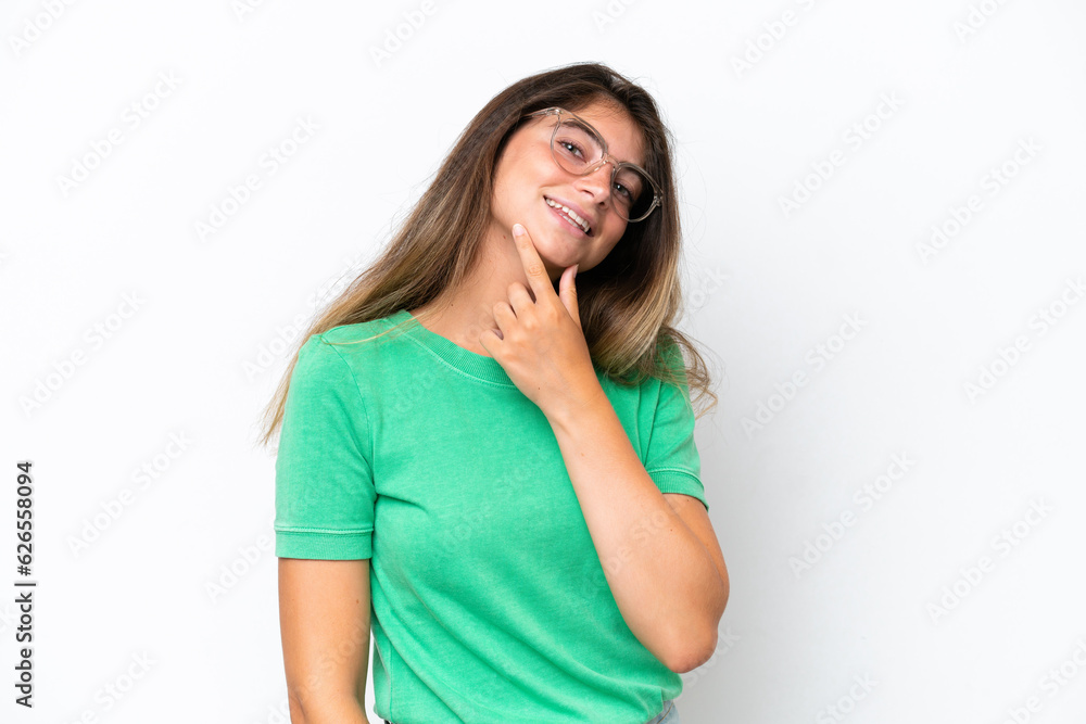 Young caucasian woman isolated on white background happy and smiling Young caucasian woman isolated on white background happy and smiling