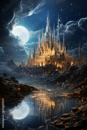White crystal quartz palace, starry sky, magical and fairytale atmosphere. AI generative © SANGHYUN