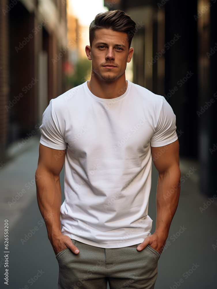 Male model in a classic white cotton T-shirt on a city street Generative ai Male model in a classic white cotton T-shirt on a city street Generative ai