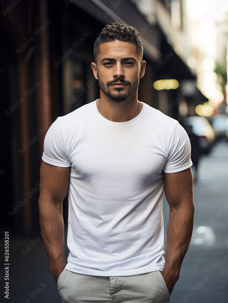 Male Latin model in a classic white cotton T-shirt on a city street Generative ai Male Latin model in a classic white cotton T-shirt on a city street Generative ai