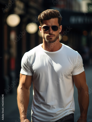 Male model in a classic white cotton T-shirt and sunglasses on a city street