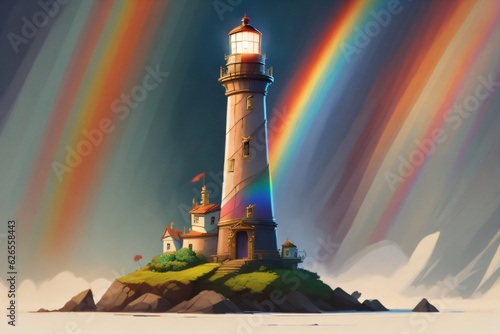 Visual representation of a lighthouse projecting colorful lights, suggesting ideas related to hope, joy, and diversity.