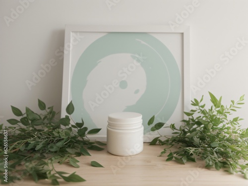 High-quality image featuring a white podium mockup template amidst fresh green leaves, suitable for presenting organic cosmetic products. Created with generative AI tools