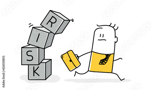 Businessman investor run away from risk collapsing box.