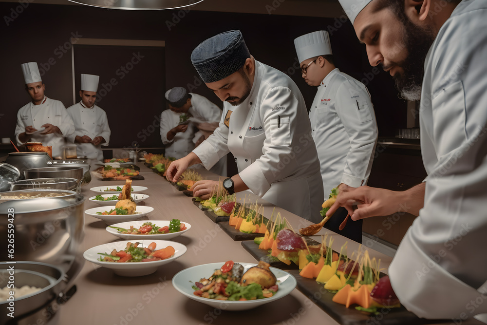 A master chef collaborating with other renowned chefs for a special culinary event, showcasing their collective talent and creating extraordinary dining experiences. Generative AI