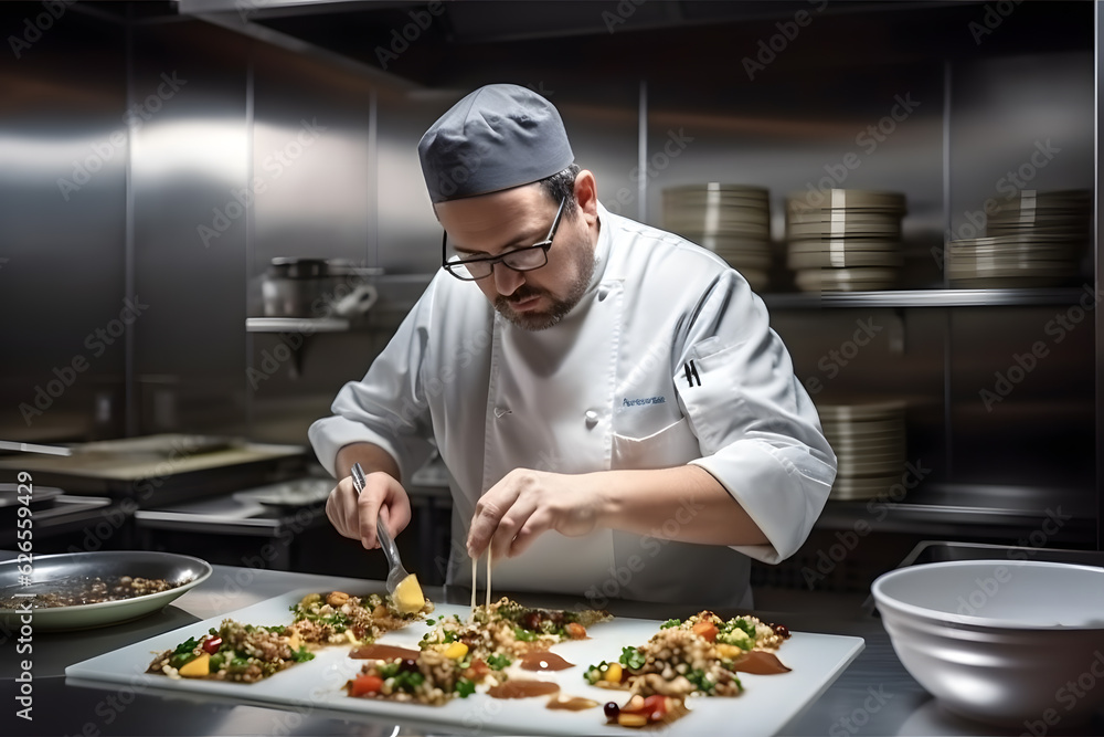 A master chef developing recipes in their test kitchen, meticulously fine-tuning flavors and techniques to create innovative and delicious dishes. Generative AI A master chef developing recipes in their test kitchen, meticulously fine-tuning flavors and techniques to create innovative and delicious dishes. Generative AI