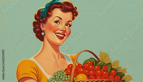 Paper textured vintage style illustration of cheerful woman holding a basket with fresh organic fruits and vegetables. Happy housewife of the 1950s concept. Copy space for text. Generative AI.