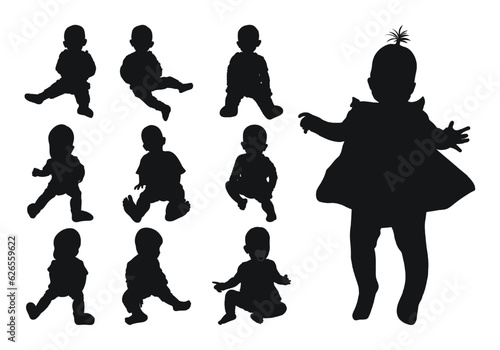 Image of a black silhouette of a baby up to a year, newborn. The child running, sitting, walking, dance, crawling, playing