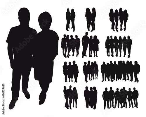 Crowd silhouette image, group of hugging people. The concept of hugs of relatives, warm meeting