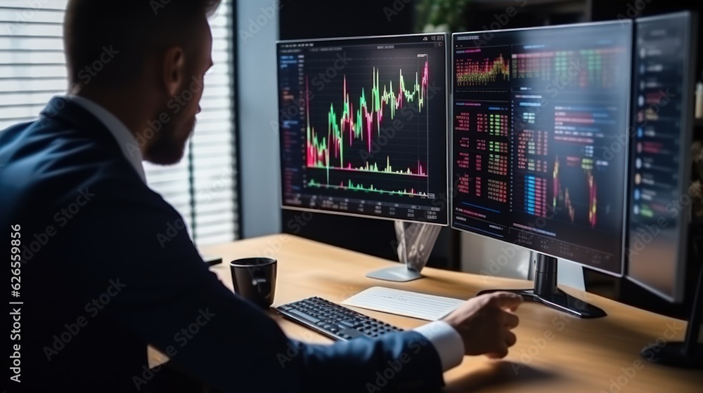 Businessman fund manager trading stock market indicators for best investment strategy, financial data and charts. Businessman fund manager trading stock market indicators for best investment strategy, financial data and charts.