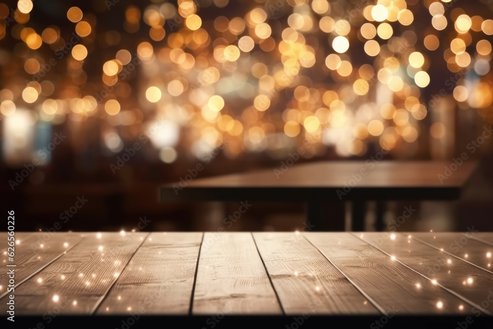 Empty wooden table with bokeh lights in front of a cafe background. This mockup can be used to display or montage your products. Generative AI Empty wooden table with bokeh lights in front of a cafe background. This mockup can be used to display or montage your products. Generative AI