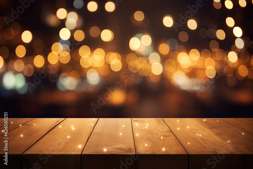 Empty wooden table with bokeh lights in front of a cafe background. This mockup can be used to display or montage your products. Generative AI