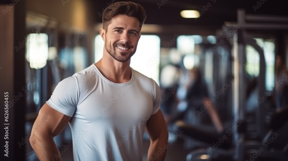 Personal man trainer smiling and fit woman in gym. wellness and healthy lifestyle.