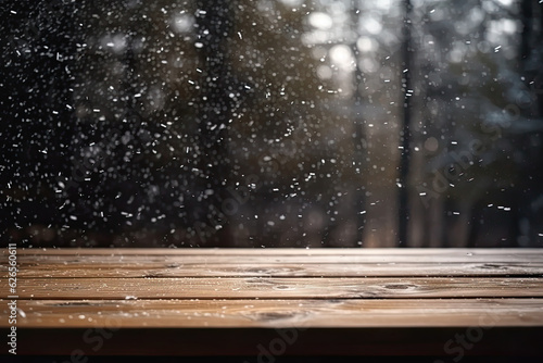 Snow falling on an empty wood table. This mockup can be used to display or montage your products. Generative AI