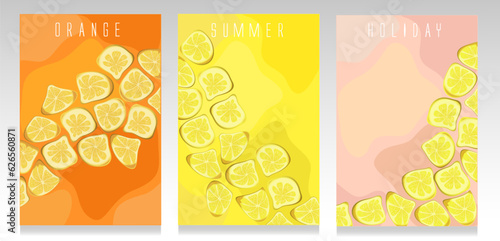 Orange, yellow and pink summer cover set. Composition of distorted lemons on abstract round shapes. Summer concept, refreshing, fun and tasty.