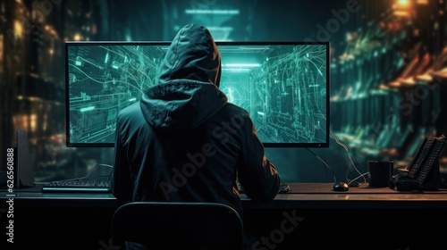 Hacker. Hacker front of his computer committing digital cybercrime. Hacker in hoodie dark theme. background with a copy space. Made With Generative AI.