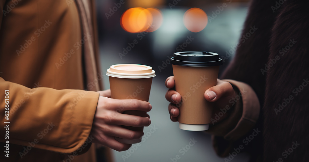 テイクアウトのコーヒーで談笑する2人 テイクアウトのコーヒーで談笑する2人