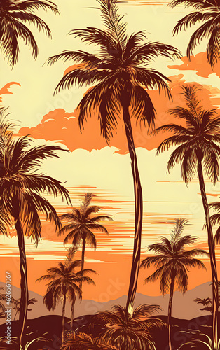 A seamless pattern featuring palm trees in a retro style. Generative AI