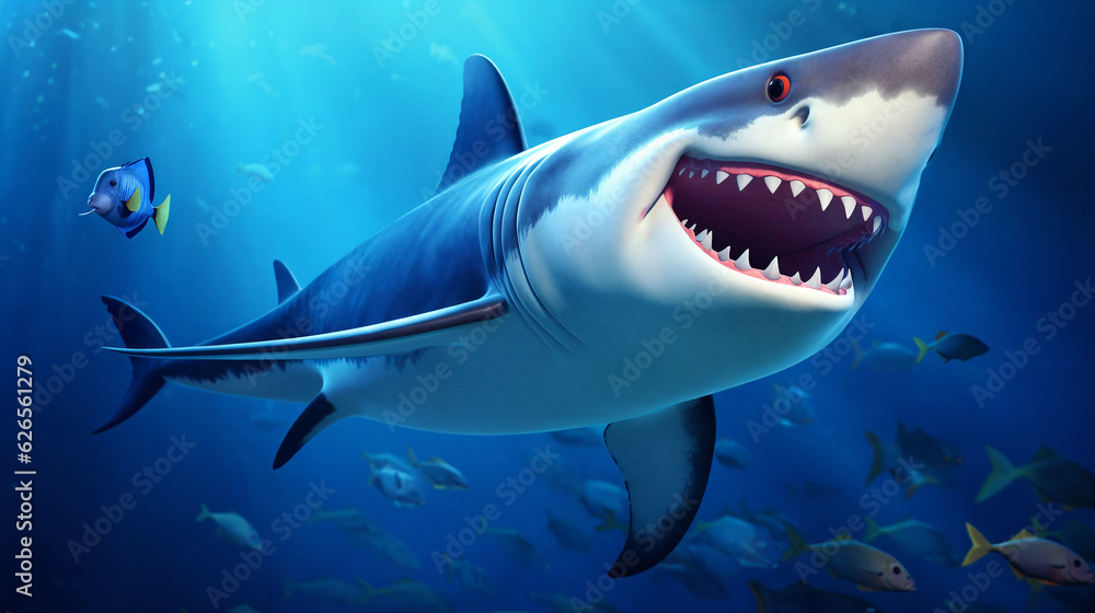 Fototapeta premium Cartoon shark playfully swims through the underwater world. AI Generative